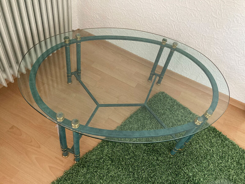 Glastisch oval, Gestell türkis patiniert Glastisch oval, Gestell türkis patiniert